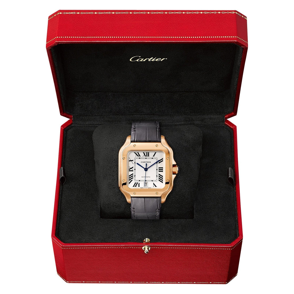 Santos de Cartier Large Model | 40mm, 18K Rose Gold, Alligator Leather, Silver Dial