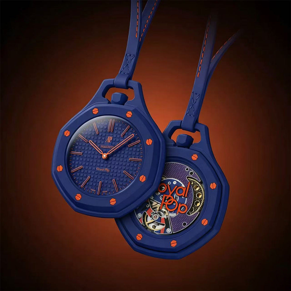 Royal Pop Orenji Hachi Blue-Orange Octagonal Lanyard Pocket Watch