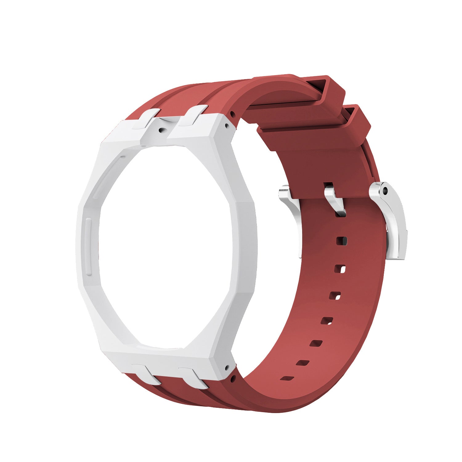 White Metal Case + Wine Red Silicone Strap Mod Kit | Royal Oak Style Replacement Set For G-Shock GA2100 GA-B2100