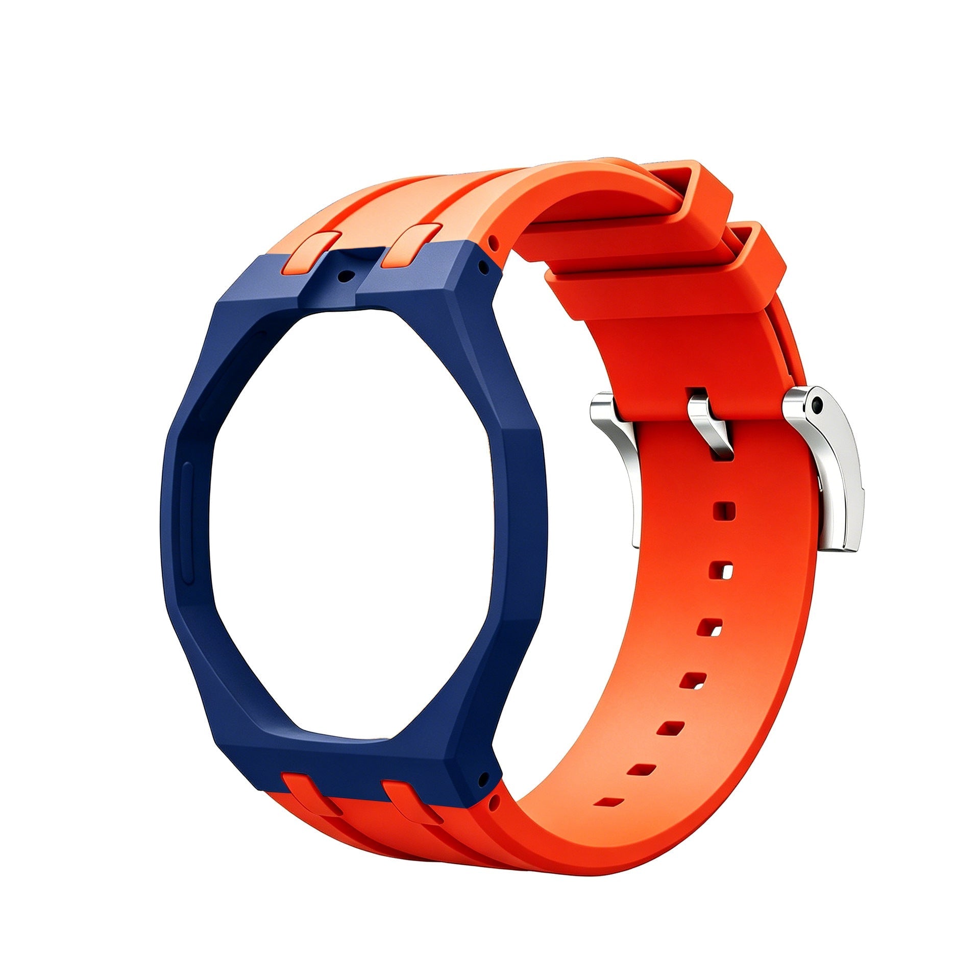 Navy Blue Metal Case + Bright Orange Silicone Strap Mod Kit | Royal Oak Style Replacement Set For G-Shock GA2100 GA-B2100