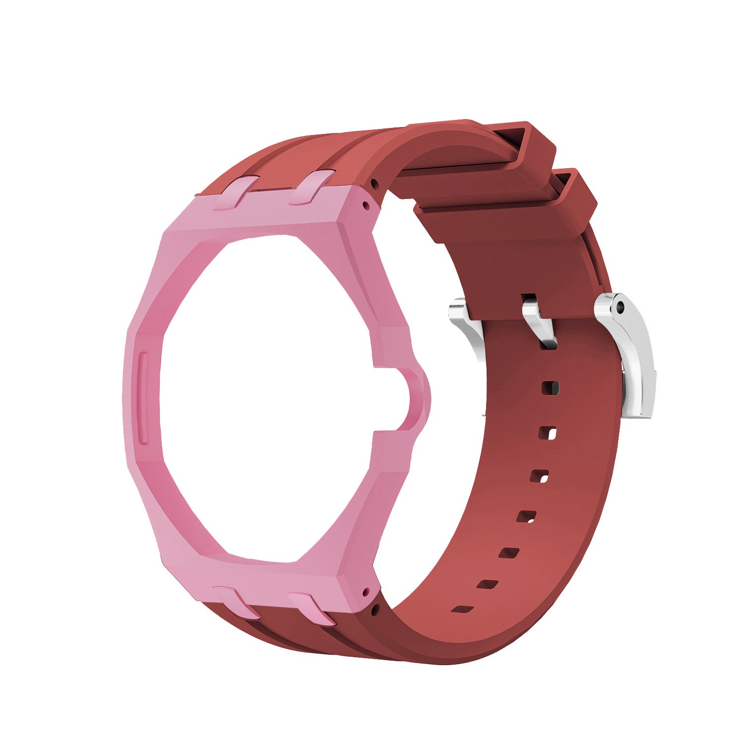 Light Pink Metal Case + Wine Red Silicone Strap Mod Kit | Royal Oak Style Replacement Set For G-Shock GA2100 GA-B2100