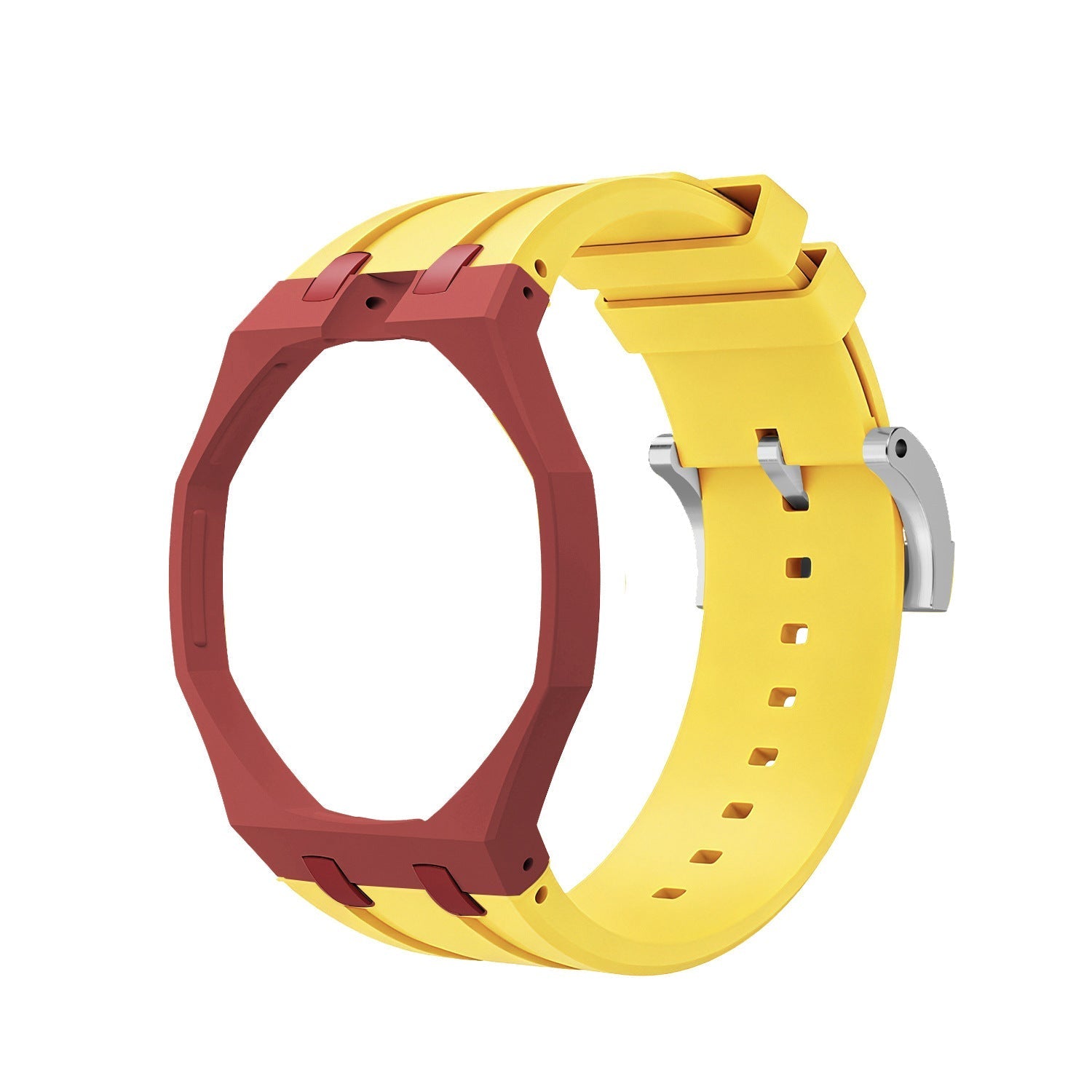Wine Red Metal Case + Bright Yellow Silicone Strap Mod Kit | Royal Oak Style Replacement Set For G-Shock GA2100 GA-B2100