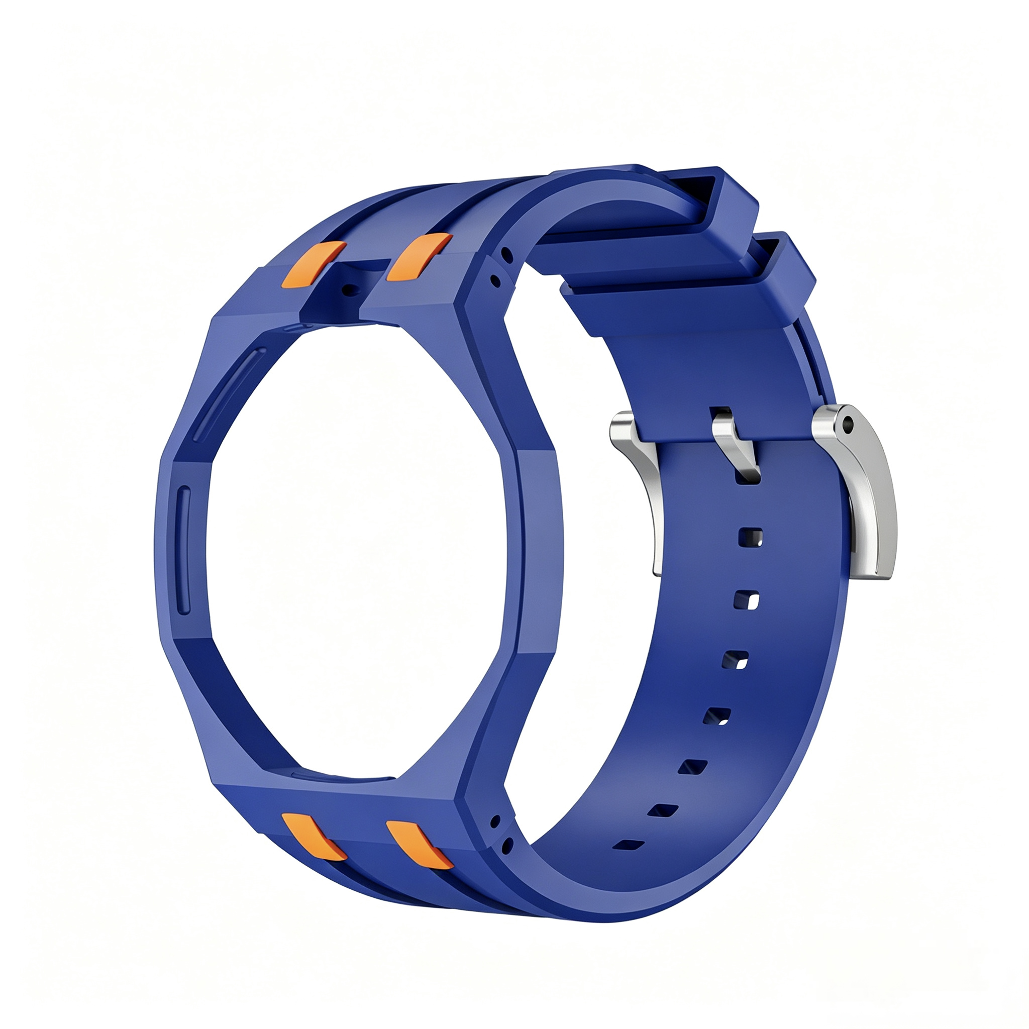 Navy Blue Metal Case + Orange Accent Navy Blue Silicone Strap Mod Kit | Royal Oak Style Replacement Set For G-Shock GA2100 GA-B2100
