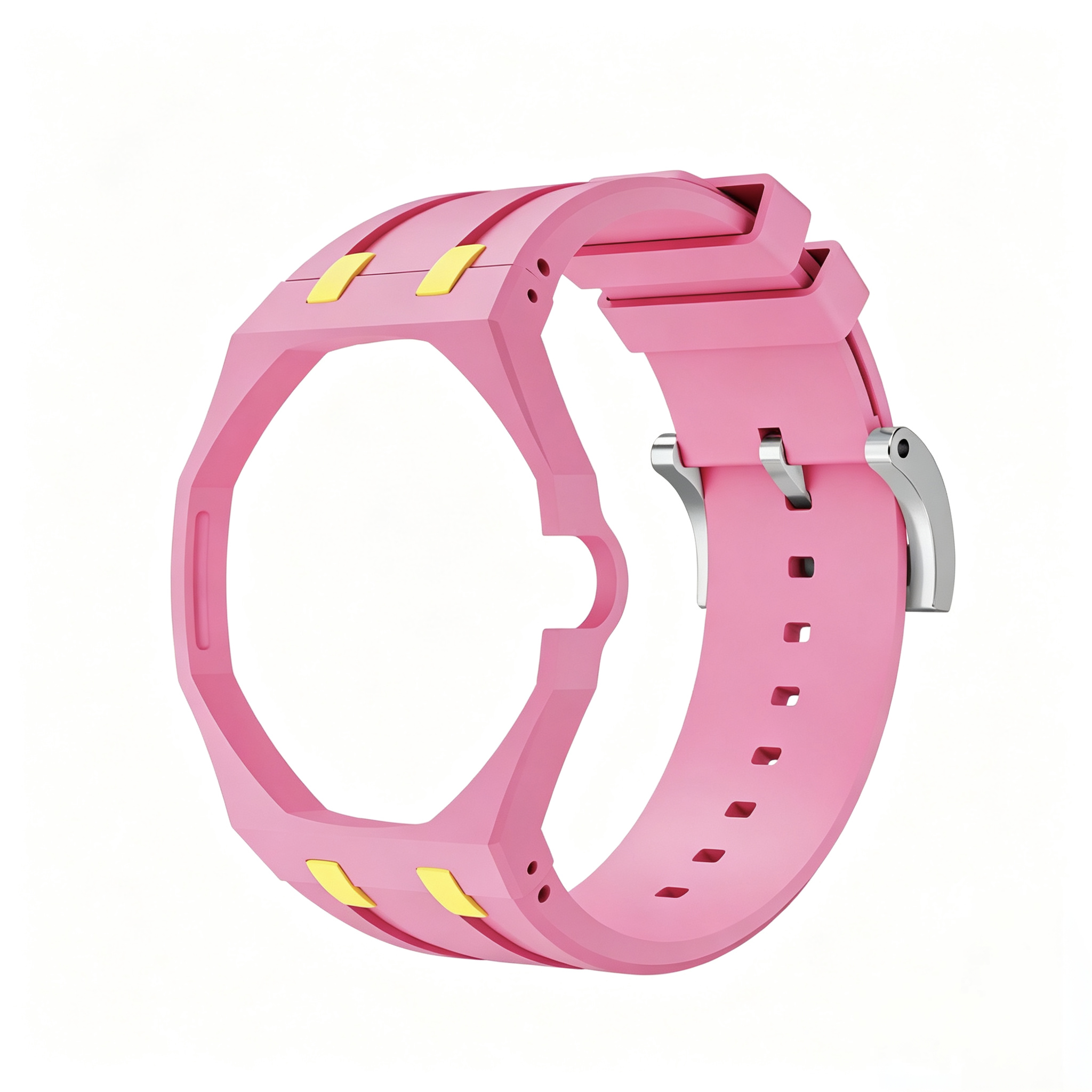Light Pink Metal Case + Yellow Accent Light Pink Silicone Strap Mod Kit | Royal Oak Style Replacement Set For G-Shock GA2100 GA-B2100
