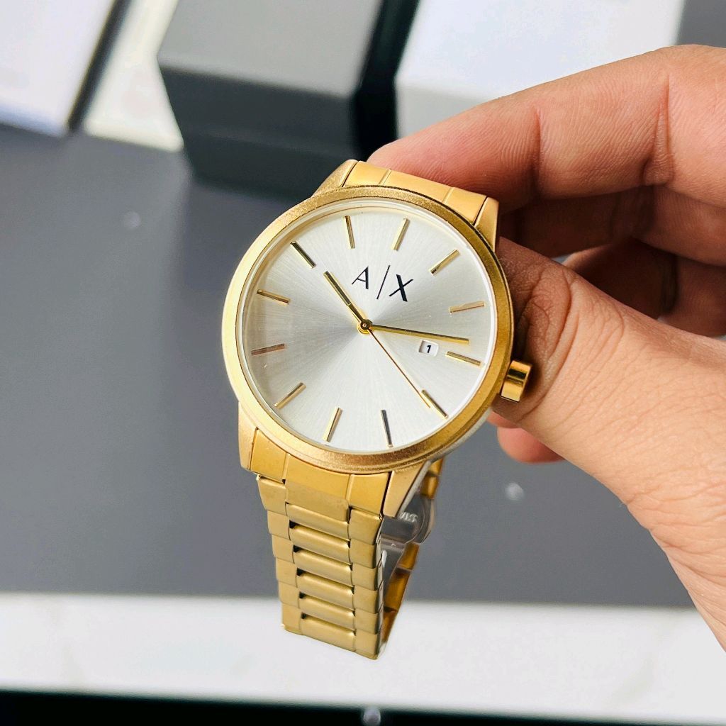 Armani Exchange Cayde AX2707 Men's Analog Watch – Gold Dial with Coordinated Gold Stainless Steel Strap