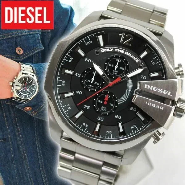 Diesel DZ4308 Mega Chief Chronograph Men's Watch – Black Dial & Silver Stainless Steel Strap