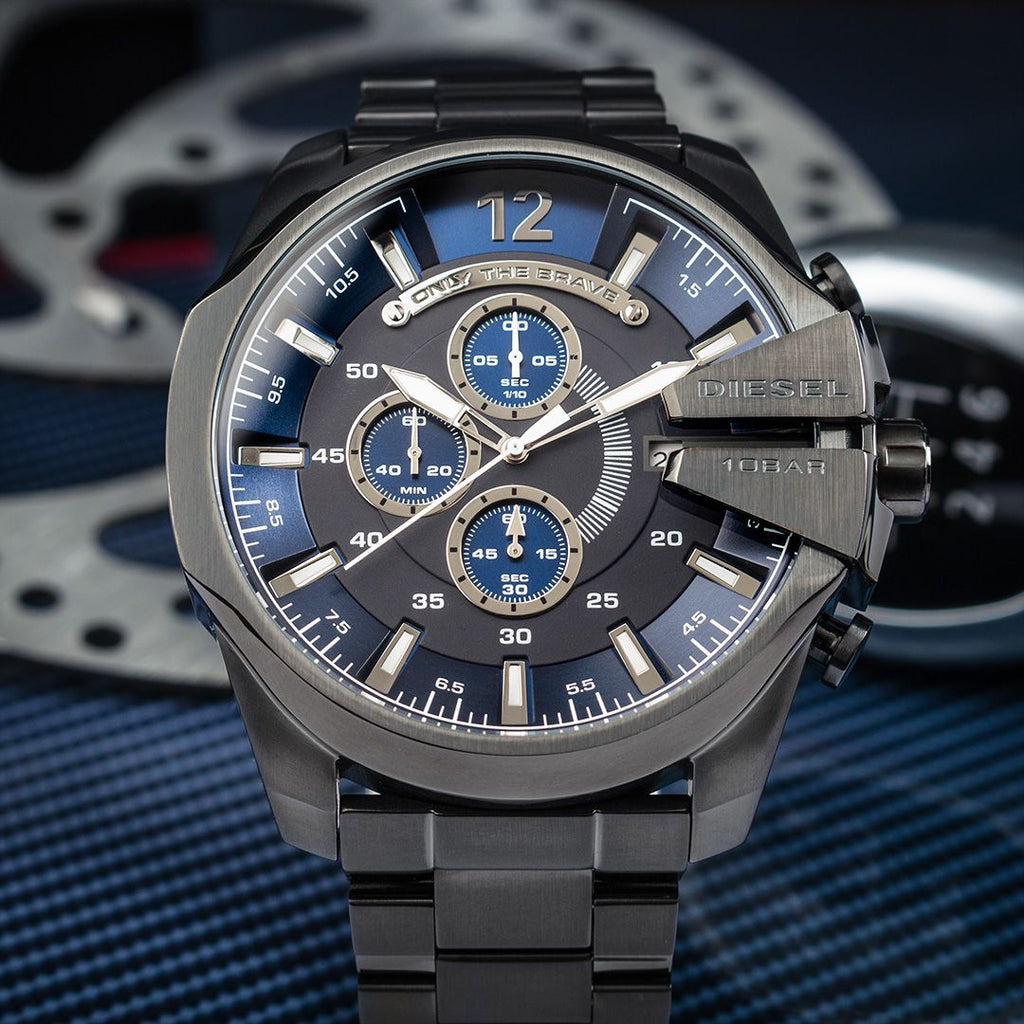 Diesel DZ4329 Mega Chief Chronograph Men's Watch – Blue Dial & Black Stainless Steel Strap